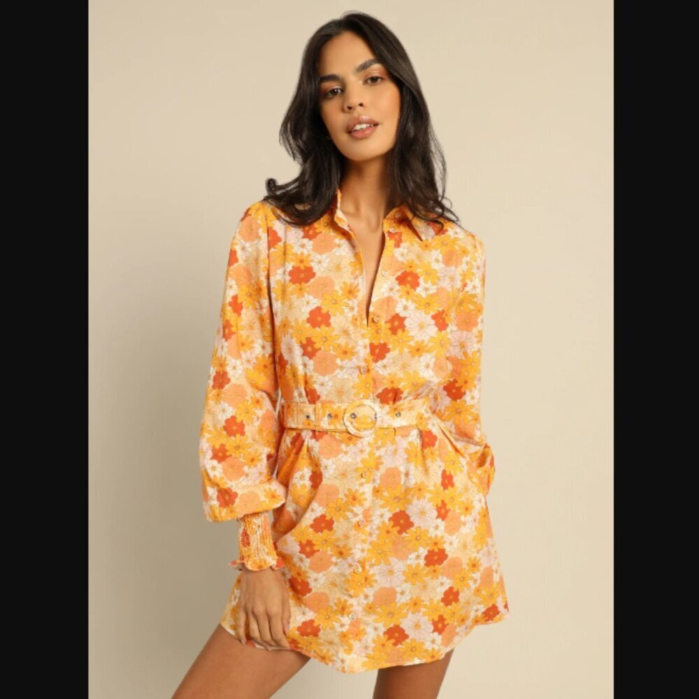 Charlie Holiday Amber Orange 70s Floral Belted Shirt Dress 4